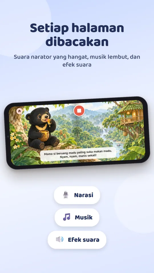 Setiap halaman dibacakan, dengan narasi, musik, dan efek suara
