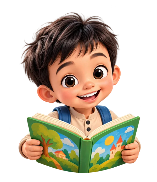 Jimmy, anak laki-laki berambut hitam, tersenyum sambil membaca buku cerita